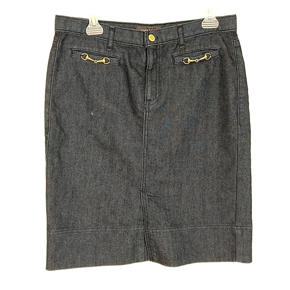 George ME Denim Skirt Women 8 Dark Wash Horsebit Gold Detail Pencil Knee Length